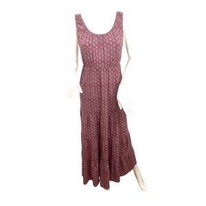 Uniqlo Peasant Dress S MIDI Sleeveless Round Neck Dark Pink Floral Tiered Pullon